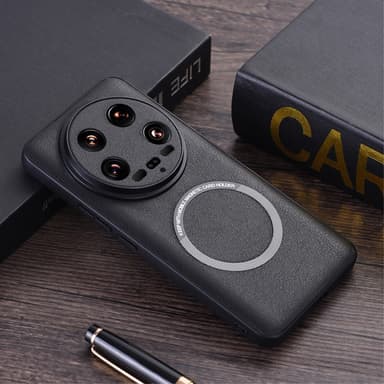 SKALO Xiaomi 14 Ultra 5G PU Nahka Hybrid Magnetic Ring Suojakuori - Musta