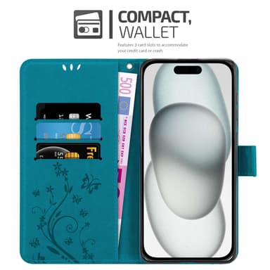 iPhone 15 PLUS Suojakuori Lompakkokotelo (Sininen)