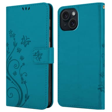 iPhone 15 PLUS Suojakuori Lompakkokotelo (Sininen)