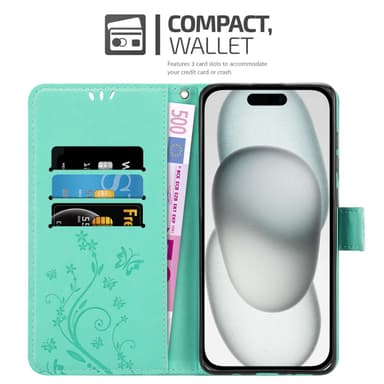 iPhone 15 Suojakuori Lompakkokotelo (Turkoosi)