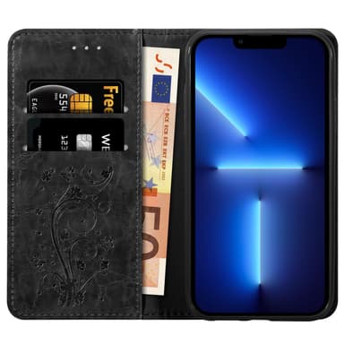 iPhone 13 PRO MAX Suojakuori Lompakkokotelo (Musta)