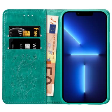 iPhone 13 PRO MAX Suojakuori Lompakkokotelo (Turkoosi)