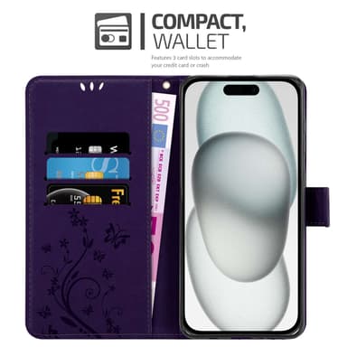 iPhone 15 PLUS Suojakuori Lompakkokotelo (Violetti)