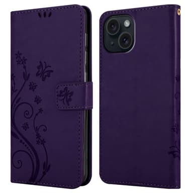 iPhone 15 PLUS Suojakuori Lompakkokotelo (Violetti)