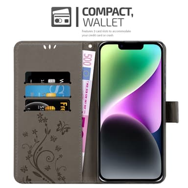 iPhone 14 Suojakuori Lompakkokotelo (harmaa)