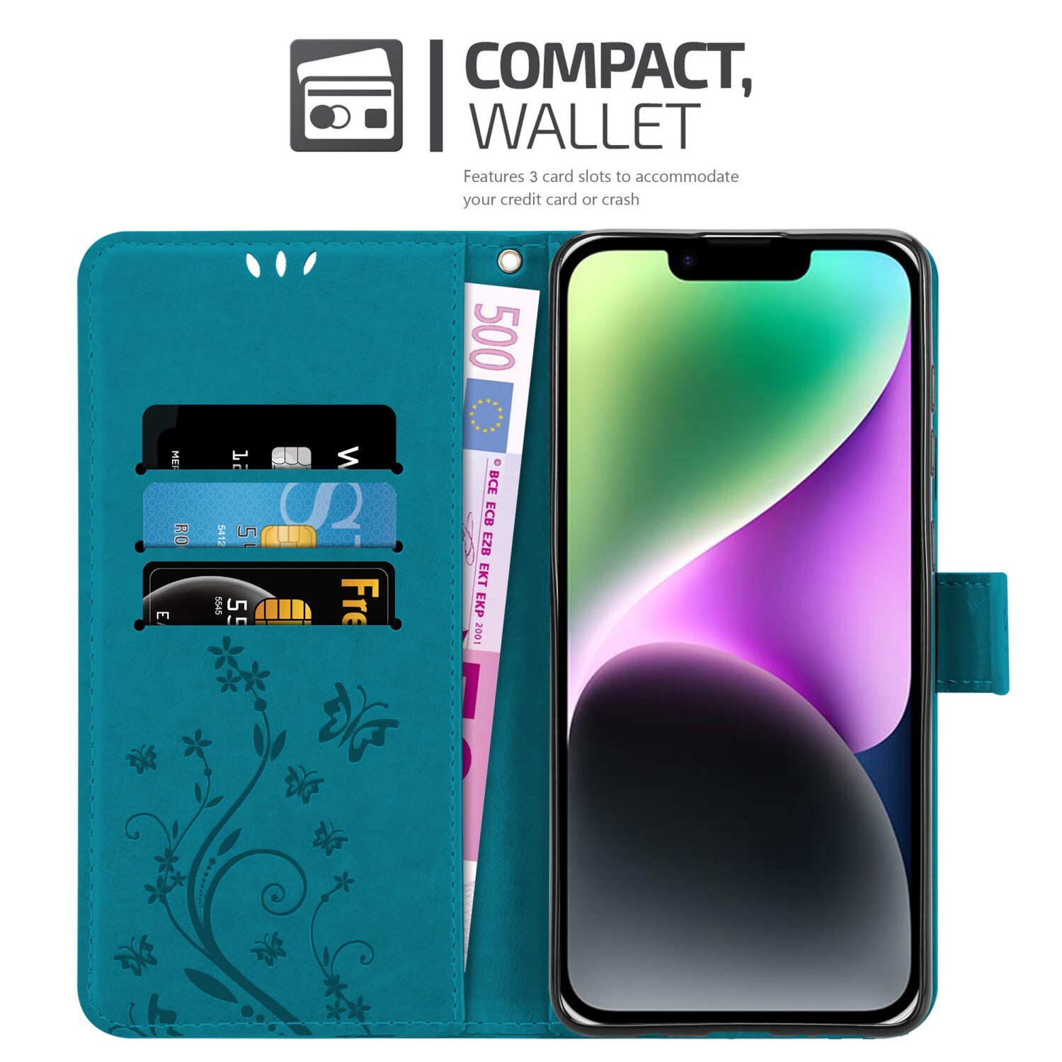 iPhone 14 PLUS Suojakuori Lompakkokotelo (Sininen)
