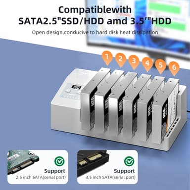 MAIWO 6x HDD:n kloonaus ja telakointiasema, 2,5""/3,5"" SATA HDD, USB-C 3.0 5Gbps