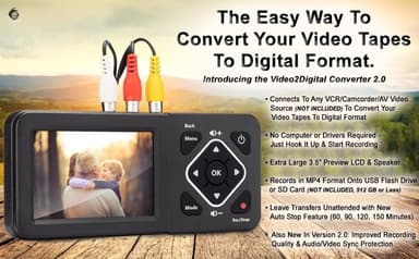 Video to Digital Converter 3,5"" Screen VCR, VHS, AV, RCA, Hi8, videokamera, DVD, pelijärjestelmät