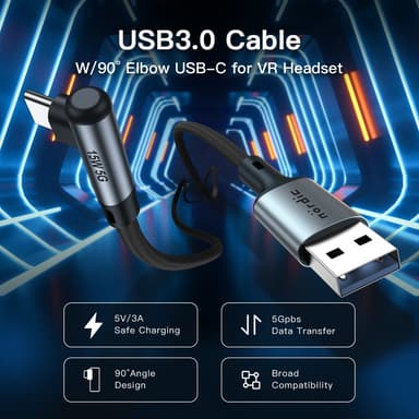 NÖRDIC VR Link -kaapeli 5 m USB3.2 Gen1 USB-C - 5 Gbps 3A nopea lataus Quest 2 Super Speed ​​​​USB Musta