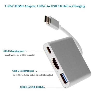 USB-C-moniporttisovitin USB:lle, USB-C (USB PD), 4K HDMI -yhteensopiva