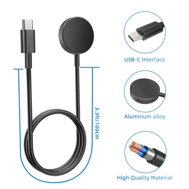 USB-C-laturi Samsung Galaxy Watchille 3/4/5/6/7, aktiivinen 1/2 Musta