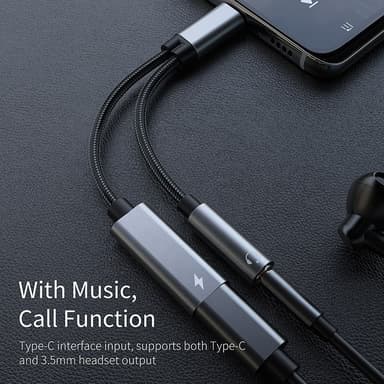 USB-C-sovitin 3,5 mm:n kuulokkeille ja USB-C-laturille Musta