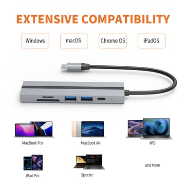 6-in-1 USB C -keskitin 4K HDMI -sovittimella, USB 3.0/2.0 -portit, SD/TF-kortinlukija