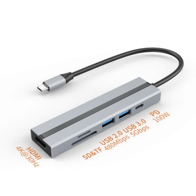 6-in-1 USB C -keskitin 4K HDMI -sovittimella, USB 3.0/2.0 -portit, SD/TF-kortinlukija