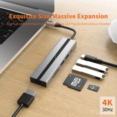 6-in-1 USB C -keskitin 4K HDMI -sovittimella, USB 3.0/2.0 -portit, SD/TF-kortinlukija