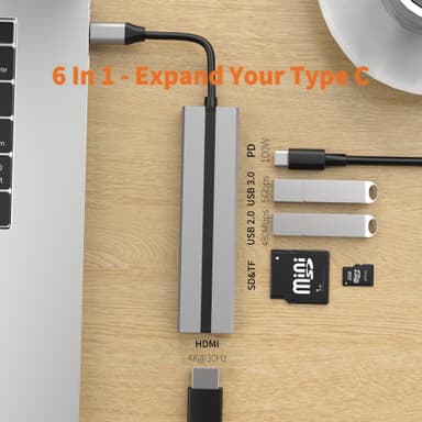 6-in-1 USB C -keskitin 4K HDMI -sovittimella, USB 3.0/2.0 -portit, SD/TF-kortinlukija
