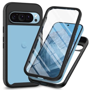 SKALO Google Pixel 9/9 Pro Iskunkestävä Clear Hybrid Suojakuori + suojakalvo - Musta