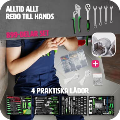 Työkalulaatikko, jossa 4 laatikkoa 899 kpl. -