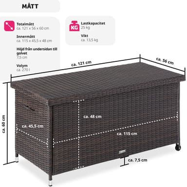 Puutarhan säilytyslaatikko Kiruna - Ulkokalusteiden tyynyjen säilytys 120x55x61.5cm, 270l - ruskea