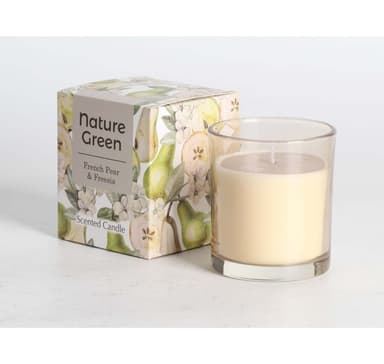 Tuoksukynttilä lasissa NATURE GREEN H9,5cm, ranskalainen päärynä & freesia