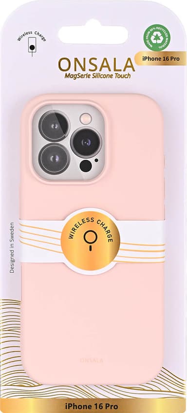 Onsala iPhone 16 Pro silikonikuori (liitunpinkki)