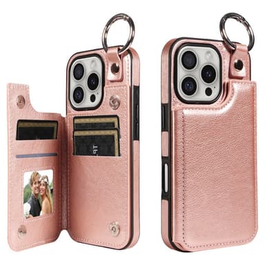 SKALO iPhone 16 Pro PU-Nahka Kortinhaltija Ring Suojakuori - Ruusukulta