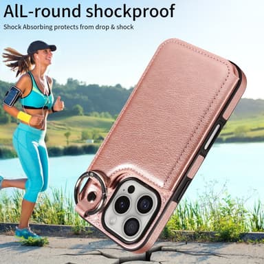 SKALO iPhone 16 Pro PU-Nahka Kortinhaltija Ring Suojakuori - Ruusukulta