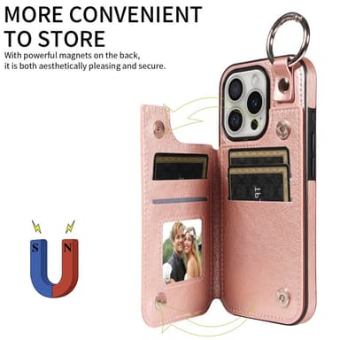 SKALO iPhone 16 Pro PU-Nahka Kortinhaltija Ring Suojakuori - Ruusukulta