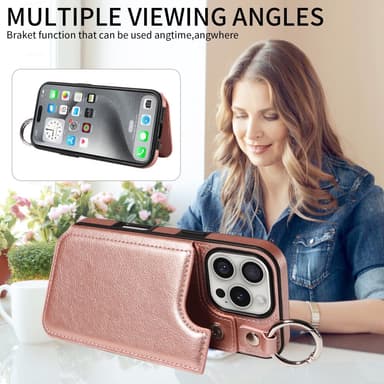 SKALO iPhone 16 Pro PU-Nahka Kortinhaltija Ring Suojakuori - Ruusukulta