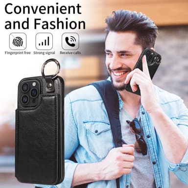 SKALO iPhone 16 Pro Max PU-Nahka Kortinhaltija Ring Suojakuori - Musta