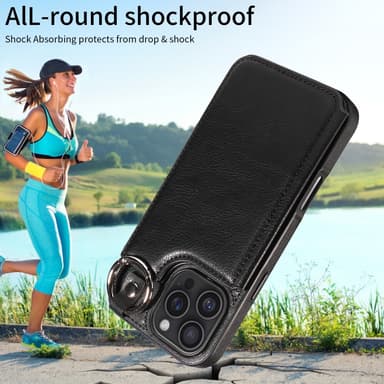 SKALO iPhone 16 Pro Max PU-Nahka Kortinhaltija Ring Suojakuori - Musta