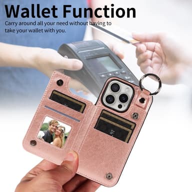 SKALO iPhone 16 Pro PU-Nahka Kortinhaltija Ring Suojakuori - Ruusukulta
