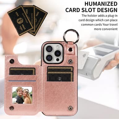 SKALO iPhone 16 Pro PU-Nahka Kortinhaltija Ring Suojakuori - Ruusukulta