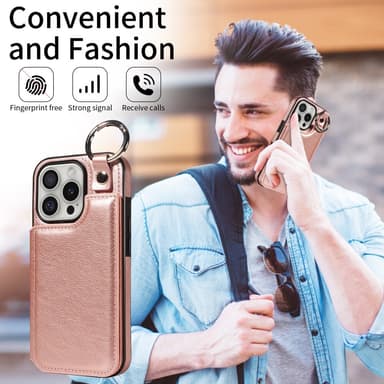 SKALO iPhone 16 Pro PU-Nahka Kortinhaltija Ring Suojakuori - Ruusukulta