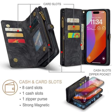 CaseMe iPhone 16 Pro 008 Series lompakkokotelo - Musta