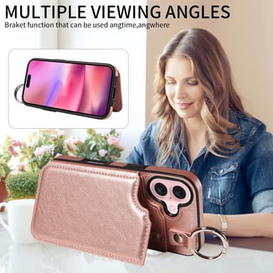 SKALO iPhone 16 PU-Nahka Kortinhaltija Ring Suojakuori - Ruusukulta