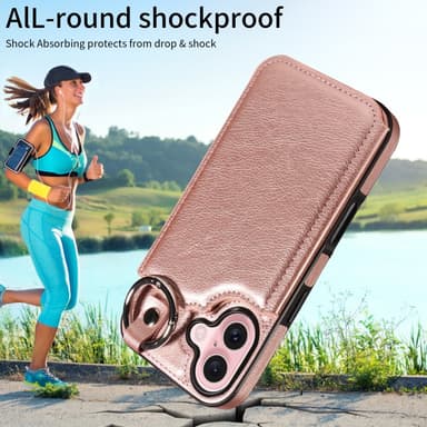SKALO iPhone 16 PU-Nahka Kortinhaltija Ring Suojakuori - Ruusukulta