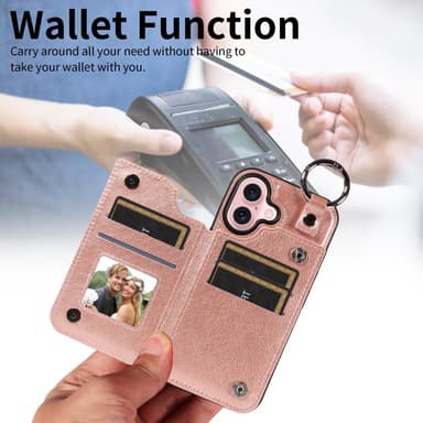 SKALO iPhone 16 PU-Nahka Kortinhaltija Ring Suojakuori - Ruusukulta