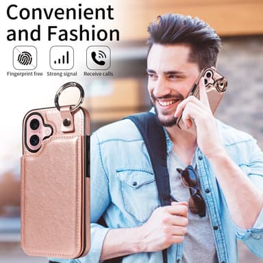 SKALO iPhone 16 PU-Nahka Kortinhaltija Ring Suojakuori - Ruusukulta
