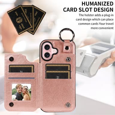 SKALO iPhone 16 PU-Nahka Kortinhaltija Ring Suojakuori - Ruusukulta