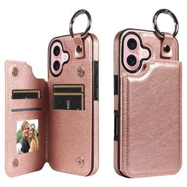 SKALO iPhone 16 PU-Nahka Kortinhaltija Ring Suojakuori - Ruusukulta