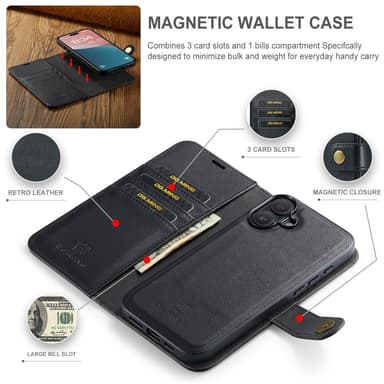 DG MING iPhone 16 2-in-1 magneetti lompakkokotelo - Musta