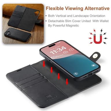 DG MING iPhone 16 2-in-1 magneetti lompakkokotelo - Musta
