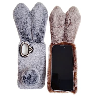SKALO iPhone 16 3D Soft Furry Bunny Ears Suojakuori - Harmaa