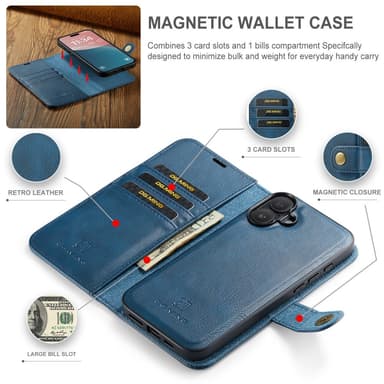 DG MING iPhone 16 Plus 2-in-1 magneetti lompakkokotelo - Sininen
