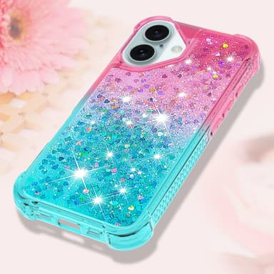 SKALO iPhone 16 Juoksuhiekka Glitter Sydämet TPU kuori - Pinkki-Turkoosi