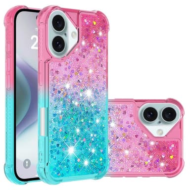 SKALO iPhone 16 Juoksuhiekka Glitter Sydämet TPU kuori - Pinkki-Turkoosi
