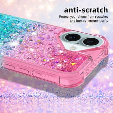 SKALO iPhone 16 Juoksuhiekka Glitter Sydämet TPU kuori - Pinkki-Turkoosi