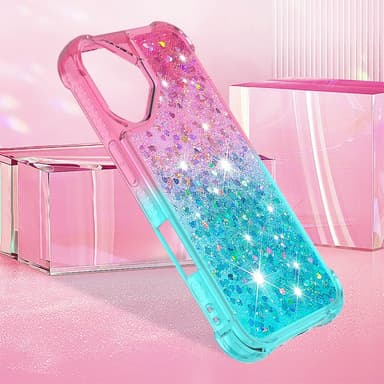 SKALO iPhone 16 Juoksuhiekka Glitter Sydämet TPU kuori - Pinkki-Turkoosi