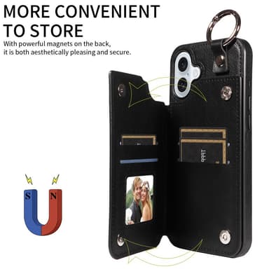 SKALO iPhone 16 Plus PU-Nahka Kortinhaltija Ring Suojakuori - Musta